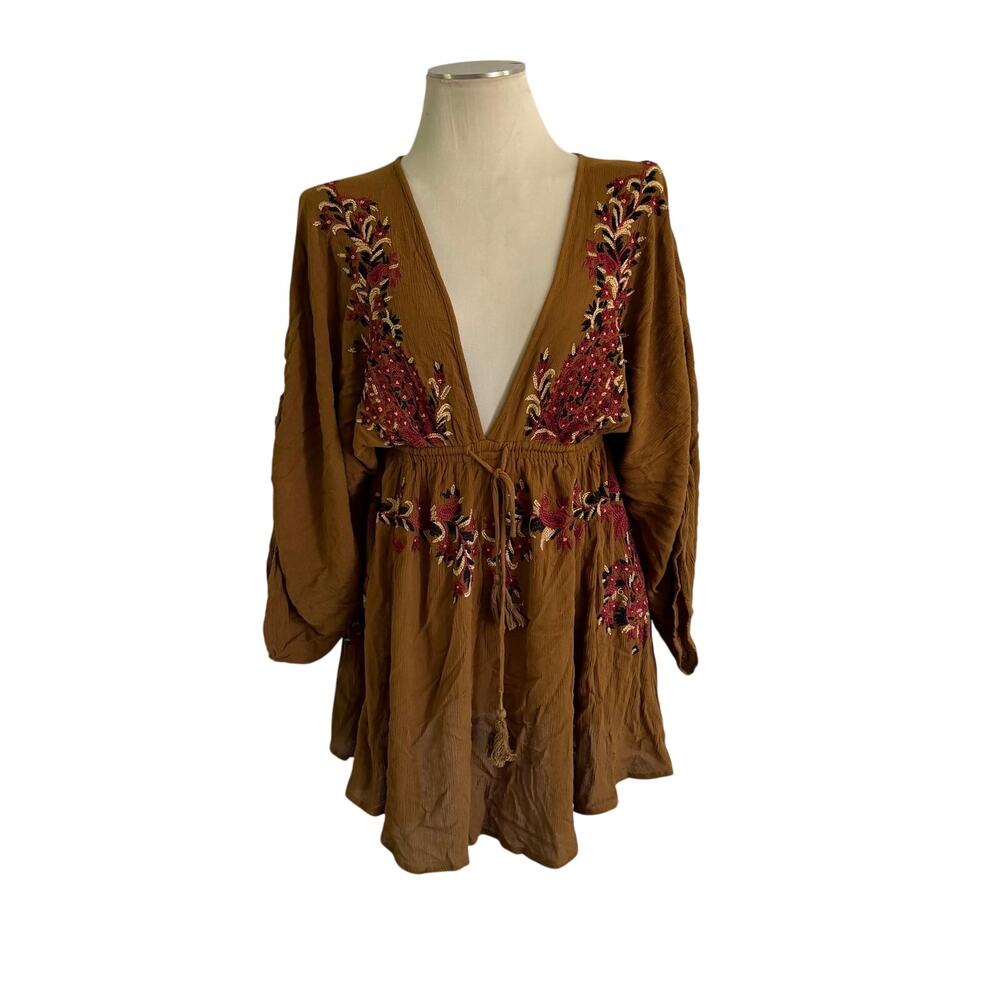 Free People Brown Floral Embroidered Deep V Mini Dress M Boho Forest Fairy
